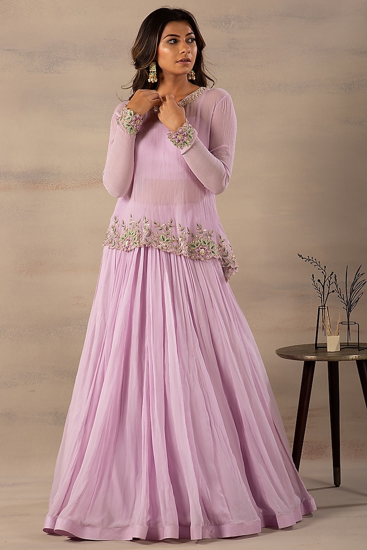 Lavender Chiffon Kalidar Skirt Set by Anupraas