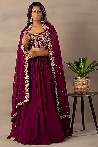 Wine Organza Lehenga Set by Anupraas