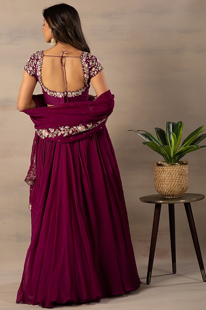 Wine Organza Wedding Lehenga Set by Anupraas at Pernia's Pop Up Shop
