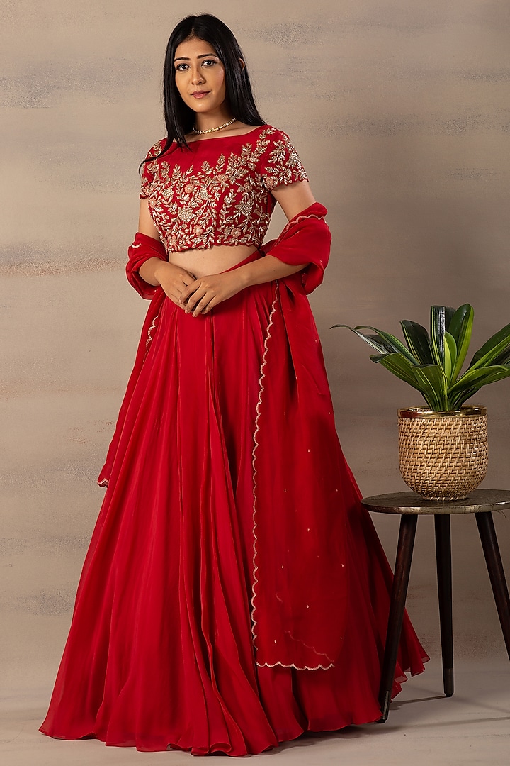 Red Organza Lehenga Set by Anupraas