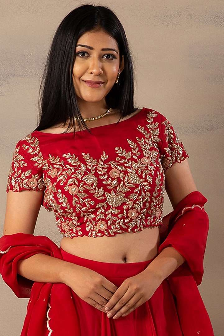 Red Organza Wedding Lehenga Set by Anupraas at Pernia's Pop Up Shop