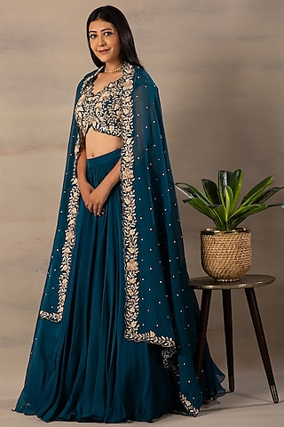 Petrol Green Bamberg Silk Lehenga Set by Anupraas