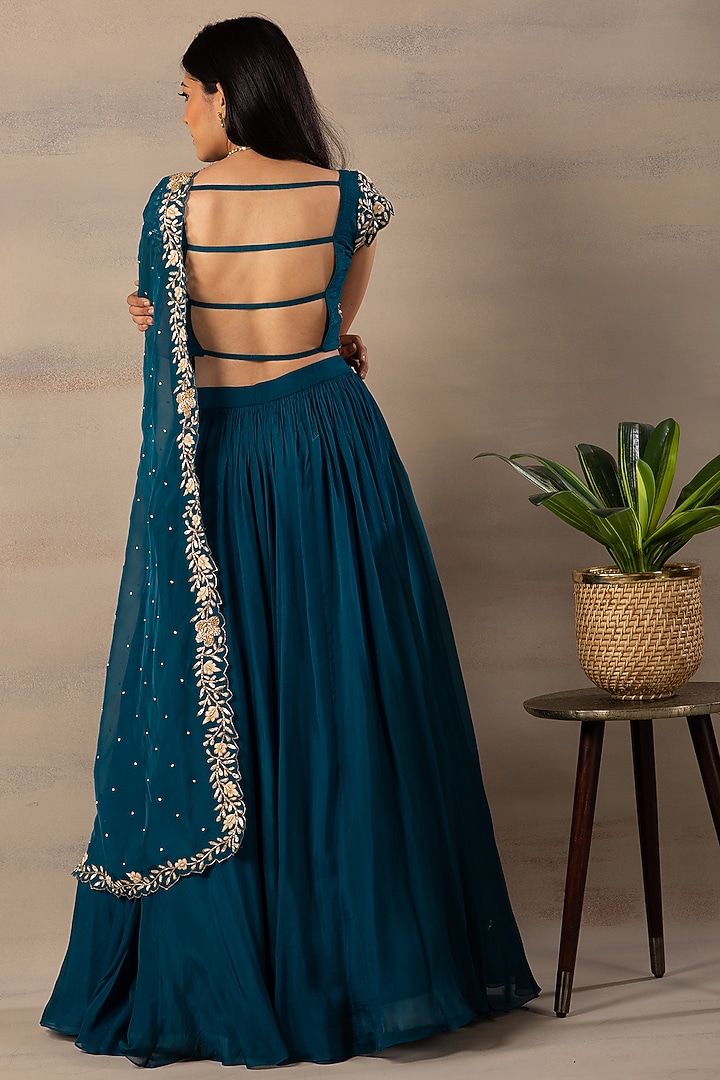 Petrol Green Bamberg Silk Wedding Lehenga Set by Anupraas at Pernia's Pop Up Shop