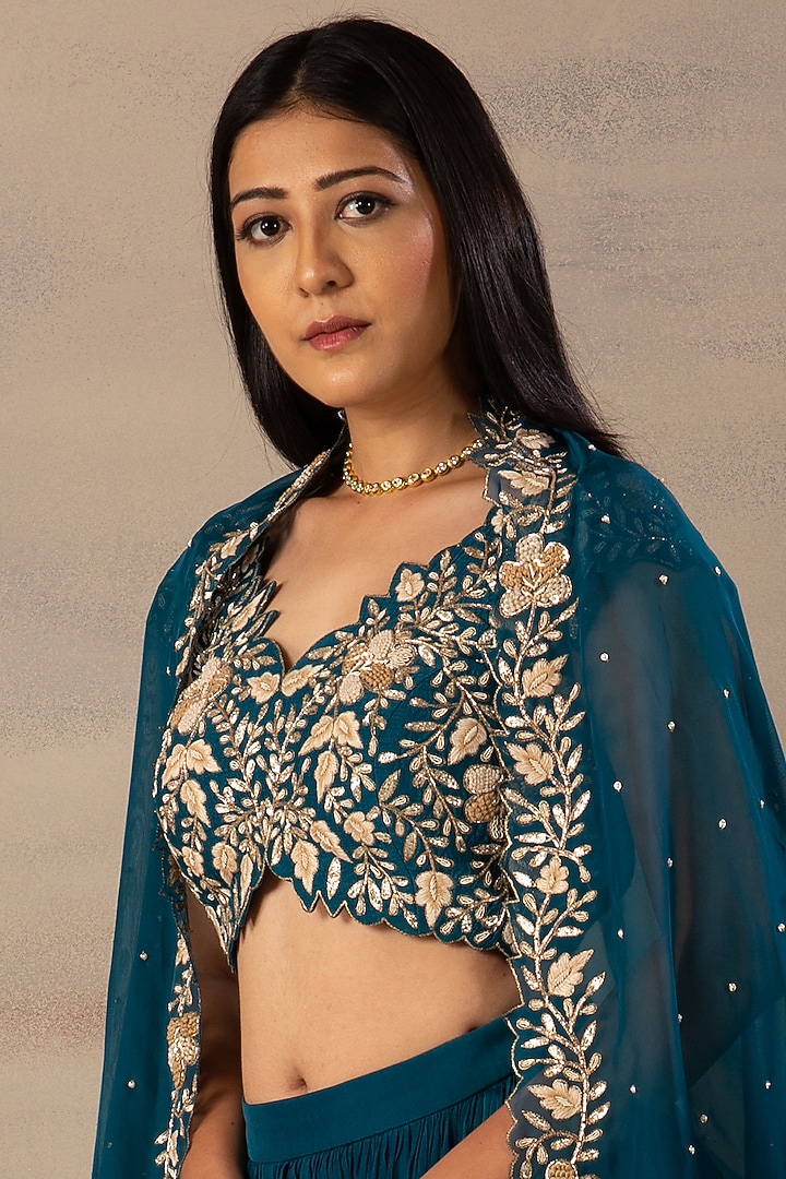 Petrol Green Bamberg Silk Wedding Lehenga Set by Anupraas at Pernia's Pop Up Shop