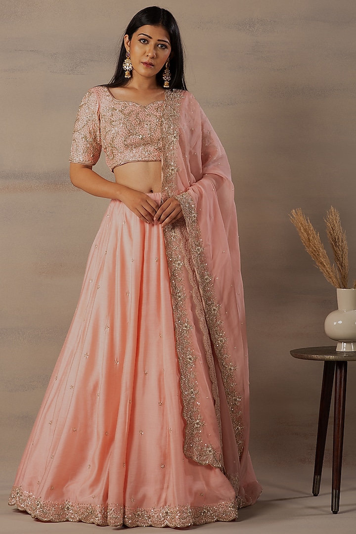 Peach Sequins Embroidered Lehenga Set by Anupraas