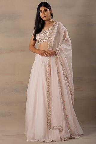 Blush Pink Organza Lehenga Set by Anupraas
