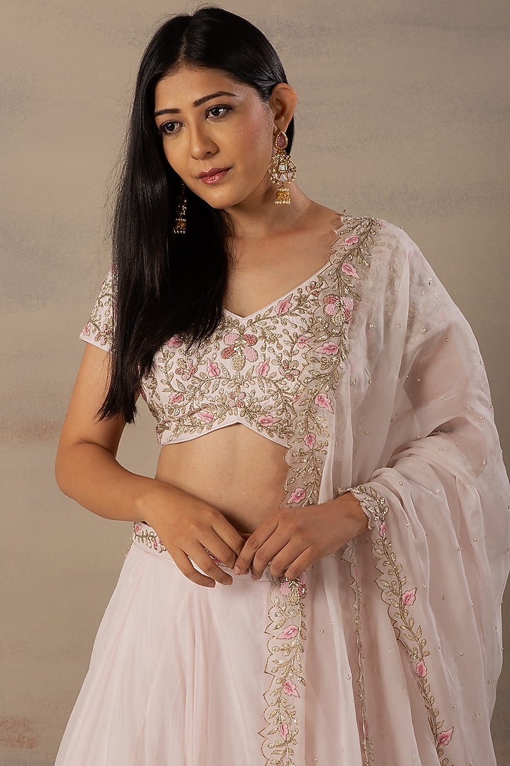 Blush Pink Organza Wedding Lehenga Set by Anupraas at Pernia's Pop Up Shop