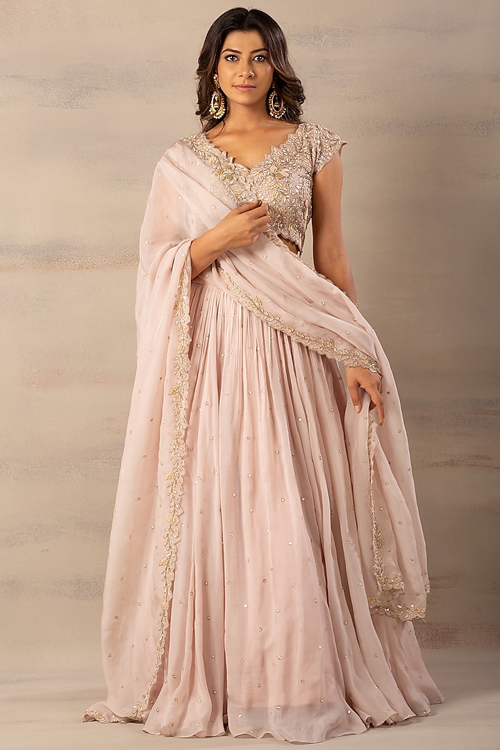 Nude Pink Embroidered Lehenga Set by Anupraas