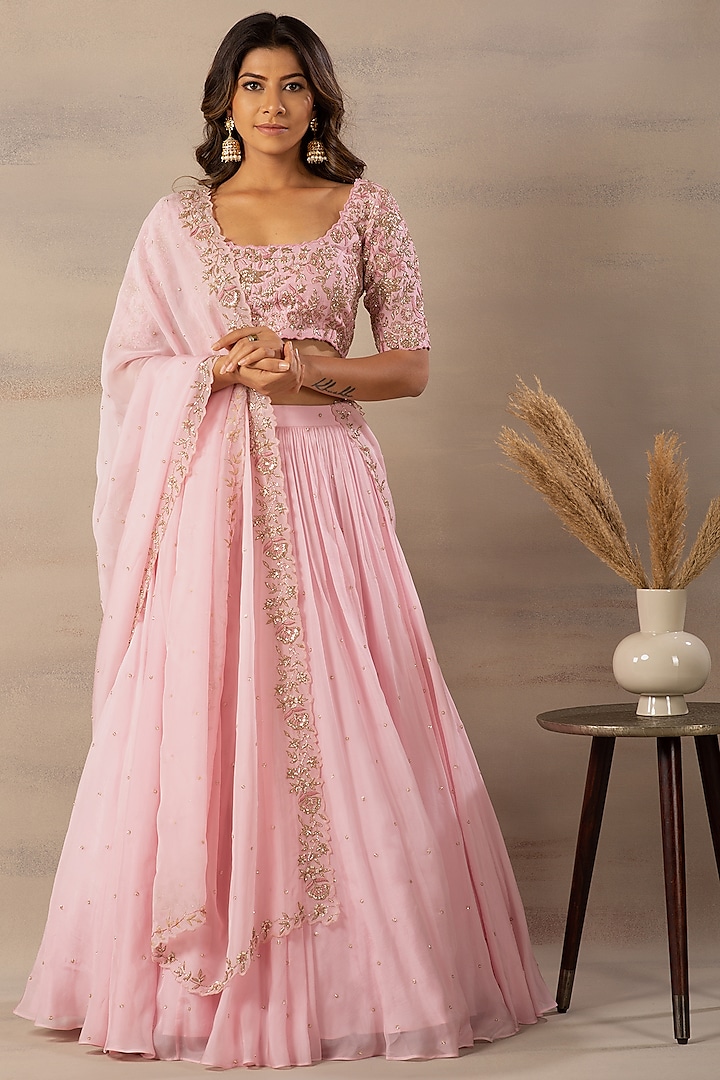 Rose Pink Thread Embroidered Lehenga Set by Anupraas
