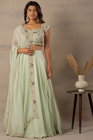 Mint Green Thread Embroidered Lehenga Set by Anupraas