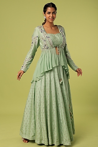 Mint Sequinned Lehenga Set by Anupraas