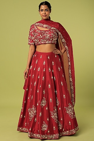 Red Embroidered Lehenga Set by Anupraas
