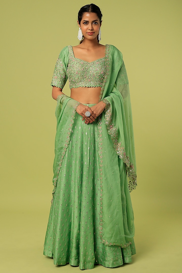 Leaf Green Embroidered Wedding Lehenga Set by Anupraas at Pernia's Pop Up Shop