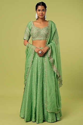 Leaf Green Embroidered Lehenga Set by Anupraas