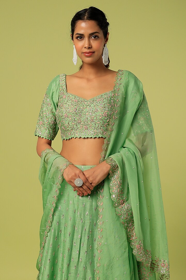 Leaf Green Embroidered Wedding Lehenga Set by Anupraas at Pernia's Pop Up Shop