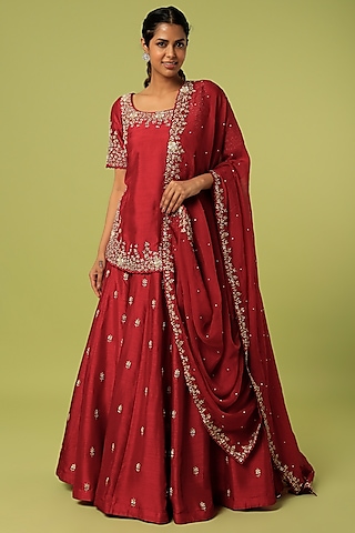 Maroon Bemberg Silk Zardosi Embroidered Lehenga Set by Anupraas