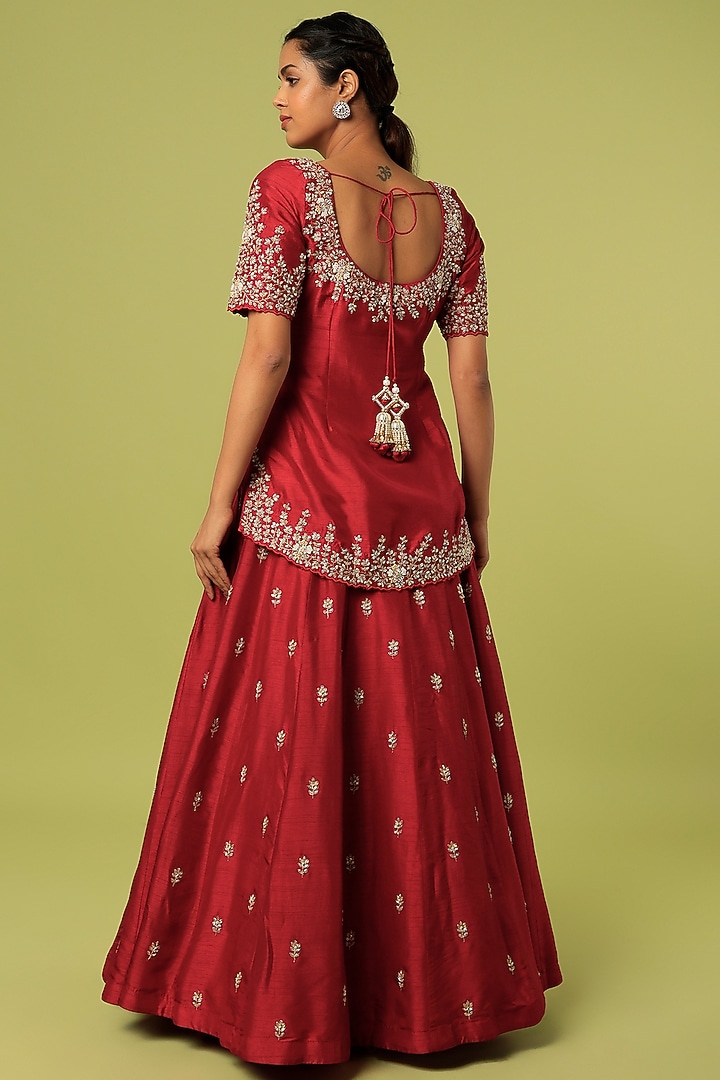 Maroon Bemberg Silk Zardosi Embroidered Wedding Lehenga Set by Anupraas at Pernia's Pop Up Shop