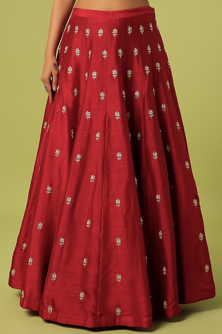 Maroon Bemberg Silk Zardosi Embroidered Wedding Lehenga Set by Anupraas at Pernia's Pop Up Shop