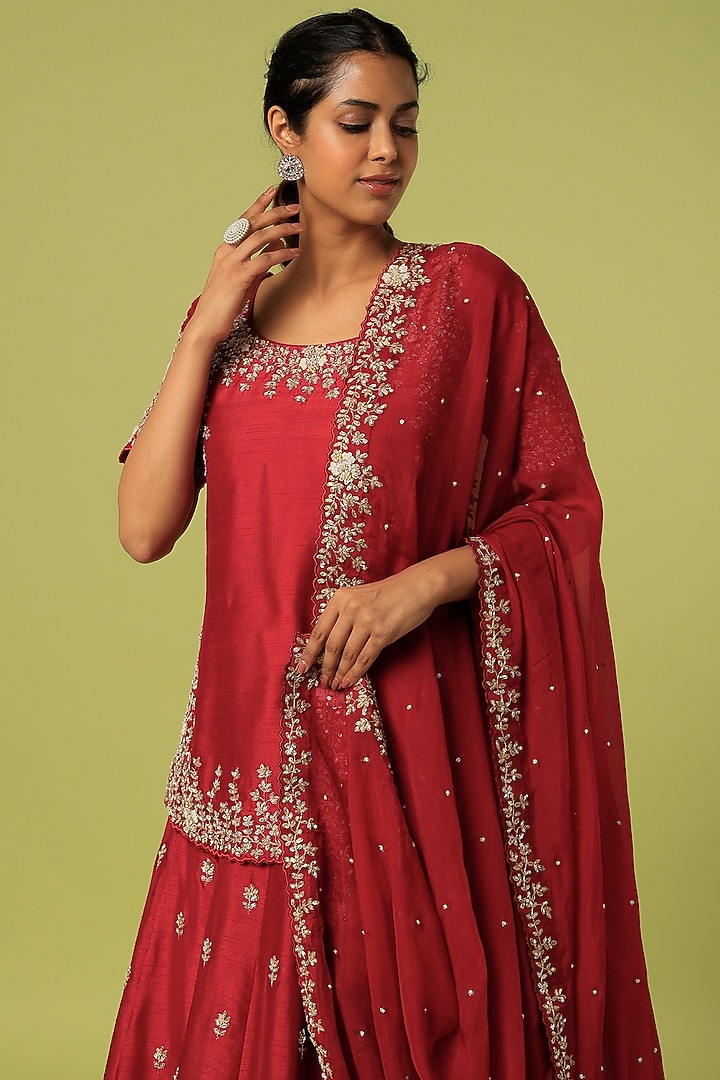 Maroon Bemberg Silk Zardosi Embroidered Wedding Lehenga Set by Anupraas at Pernia's Pop Up Shop