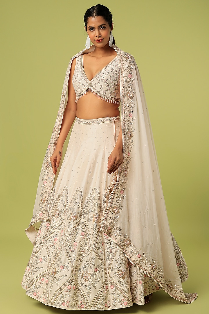 Ivory Pink Embroidered Lehenga Set by Anupraas