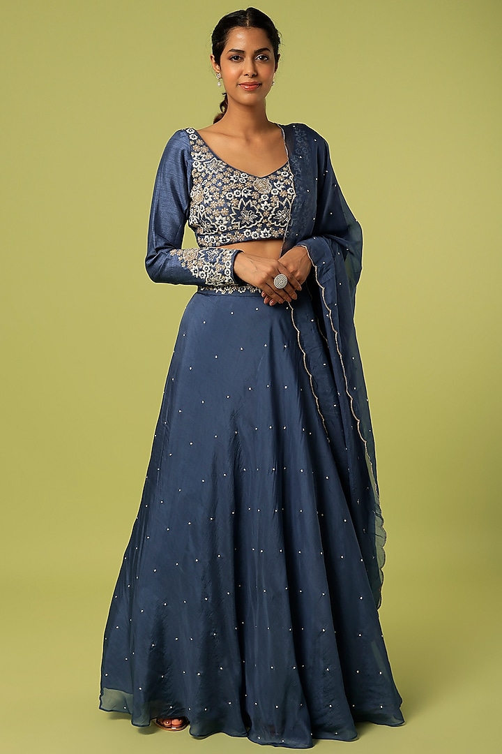 Midnight Blue Embroidered Wedding Lehenga Set by Anupraas at Pernia's Pop Up Shop