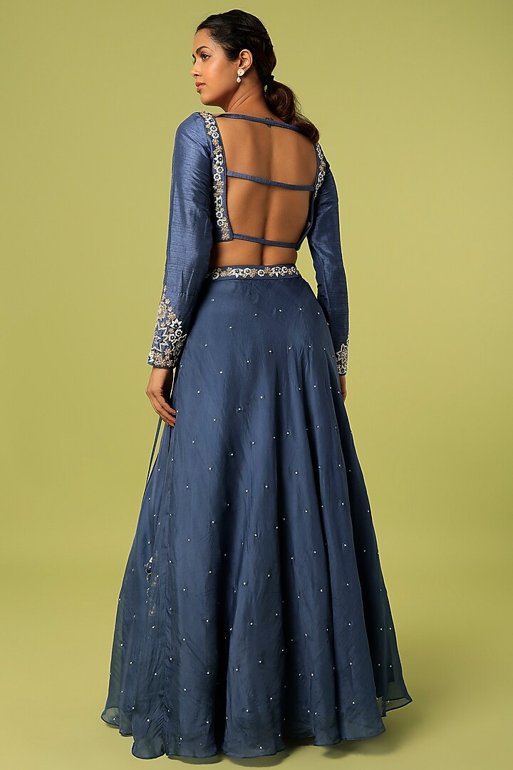 Midnight Blue Embroidered Wedding Lehenga Set by Anupraas at Pernia's Pop Up Shop