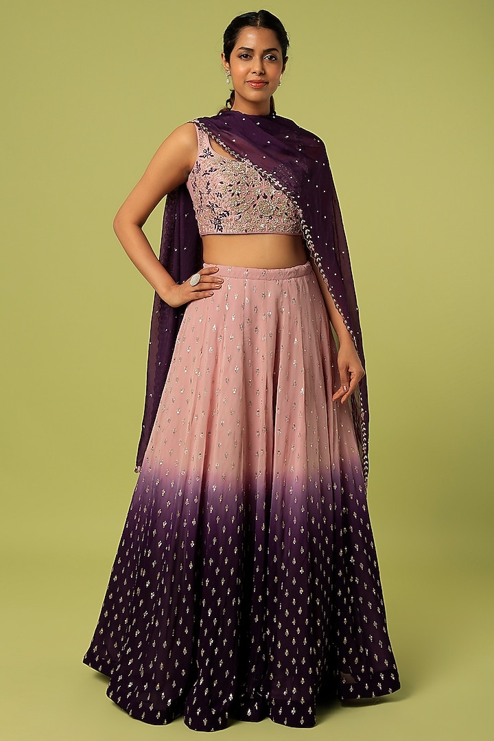 Mauve & Purple Embroidered Ombre Wedding Lehenga Set by Anupraas at Pernia's Pop Up Shop