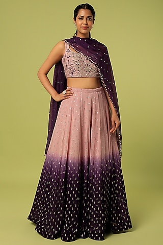 Mauve & Purple Embroidered Ombre Lehenga Set by Anupraas