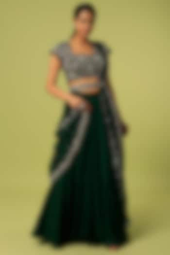 Bottle Green Organza Wedding Lehenga Set by Anupraas at Pernia's Pop Up Shop