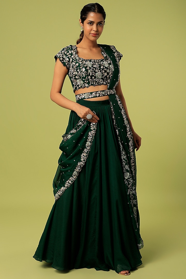 Bottle Green Organza Wedding Lehenga Set by Anupraas at Pernia's Pop Up Shop