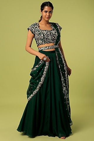 Bottle Green Organza Lehenga Set by Anupraas