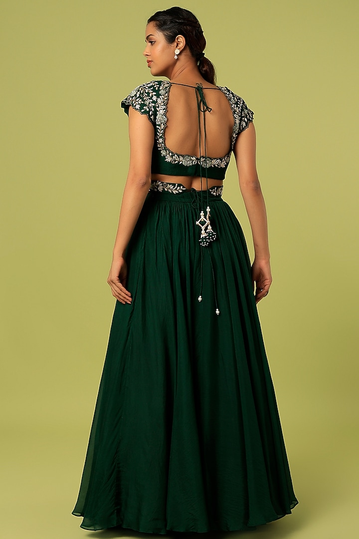 Bottle Green Organza Wedding Lehenga Set by Anupraas at Pernia's Pop Up Shop