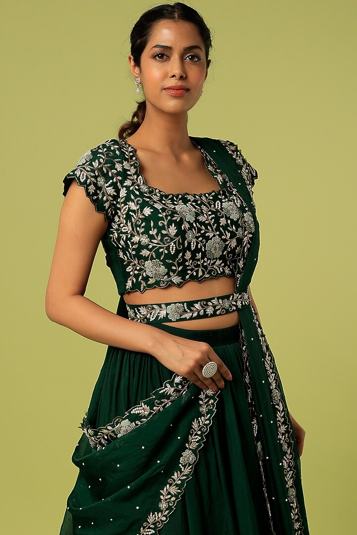 Bottle Green Organza Wedding Lehenga Set by Anupraas at Pernia's Pop Up Shop