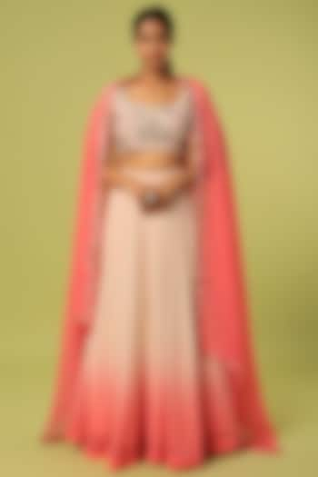 Pink Embroidered Ombre Lehenga Set by Anupraas