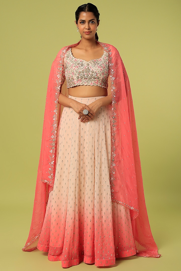 Pink Embroidered Ombre Lehenga Set by Anupraas