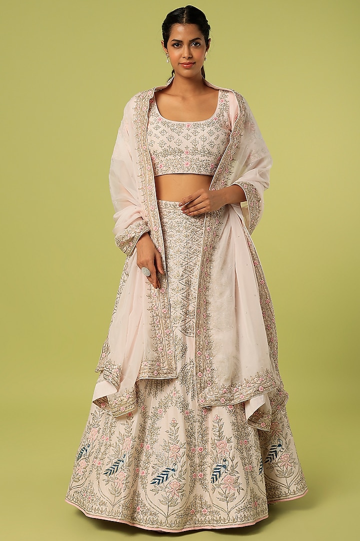 Ivory Pink Zardosi Embroidered Bridal Lehenga Set by Anupraas at Pernia's Pop Up Shop