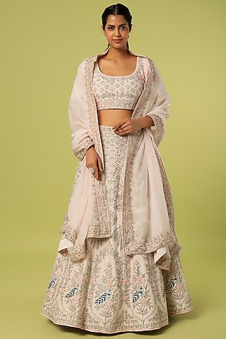 Ivory Pink Zardosi Embroidered Lehenga Set by Anupraas