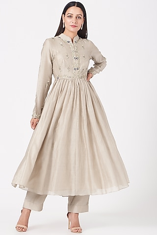 Beige Embroidered Kalidar Kurta Set by Anupraas