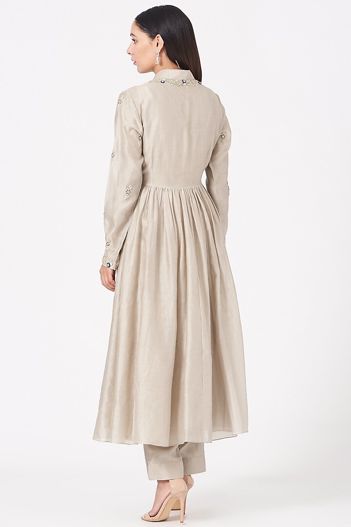 Beige Embroidered Kalidar Kurta Set by Anupraas at Pernia's Pop Up Shop