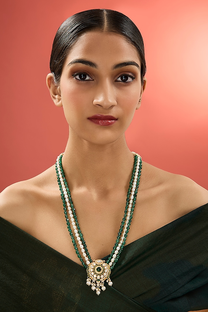 Gold Finish Kundan Polki & Emerald Stone Long Necklace In Sterling Silver by Apoorvajewels at Pernia's Pop Up Shop