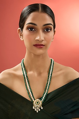 Gold Finish Kundan Polki & Emerald Stone Long Necklace In Sterling Silver by Apoorvajewels