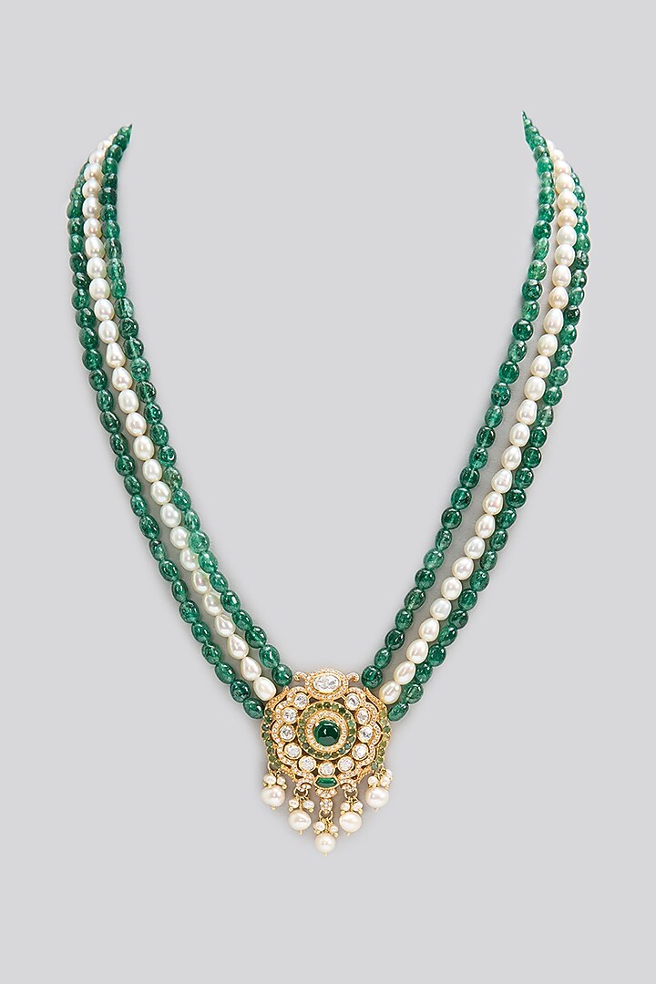 Gold Finish Kundan Polki & Emerald Stone Long Necklace In Sterling Silver by Apoorvajewels at Pernia's Pop Up Shop