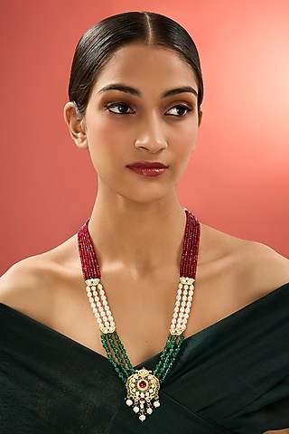 Gold Finish Ruby & Emerald Stone Long Necklace In Sterling Silver by Apoorvajewels