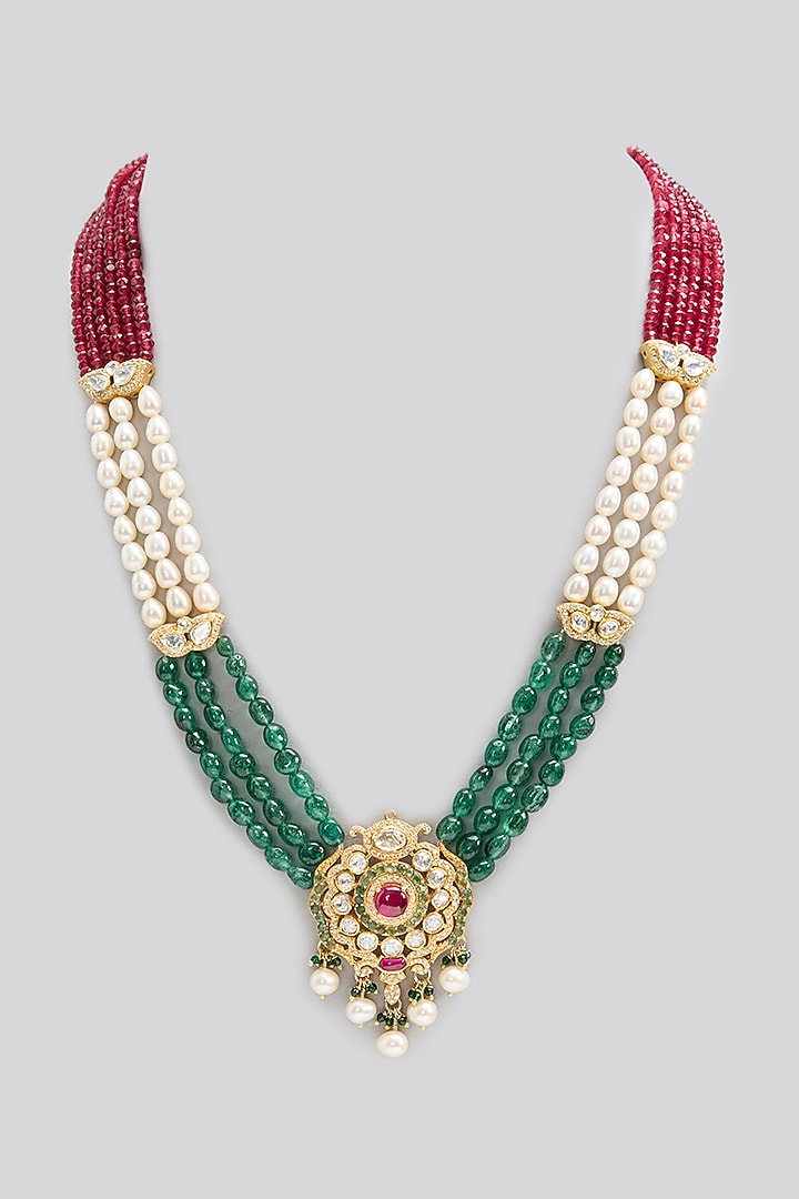 Gold Finish Ruby & Emerald Stone Long Necklace In Sterling Silver by Apoorvajewels at Pernia's Pop Up Shop