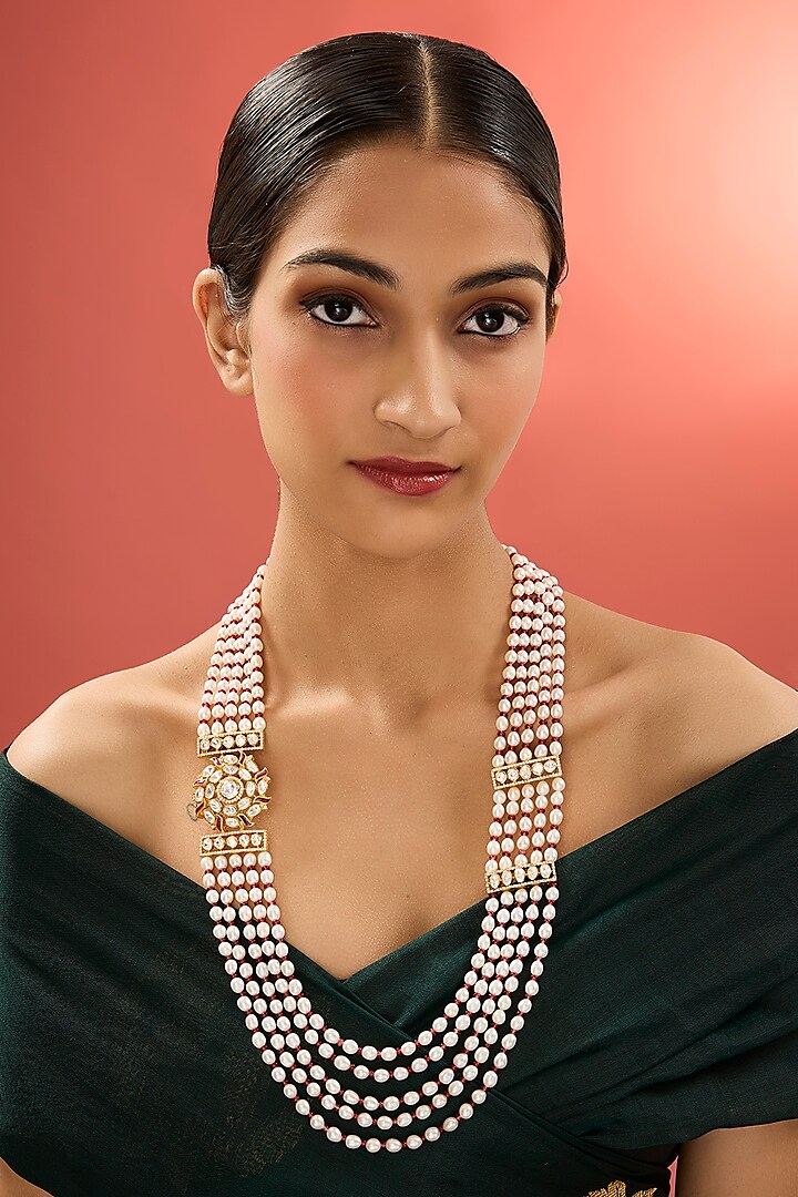 Gold Finish Kundan Polki & Emerald Stone Long Necklace In Sterling Silver by Apoorvajewels at Pernia's Pop Up Shop