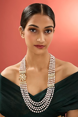 Gold Finish Kundan Polki & Emerald Stone Long Necklace In Sterling Silver by Apoorvajewels
