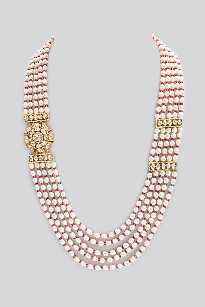 Gold Finish Kundan Polki & Emerald Stone Long Necklace In Sterling Silver by Apoorvajewels at Pernia's Pop Up Shop