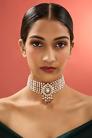 Gold Finish Kundan Polki & Freshwater Pearl Choker Necklace In Sterling Silver by Apoorvajewels