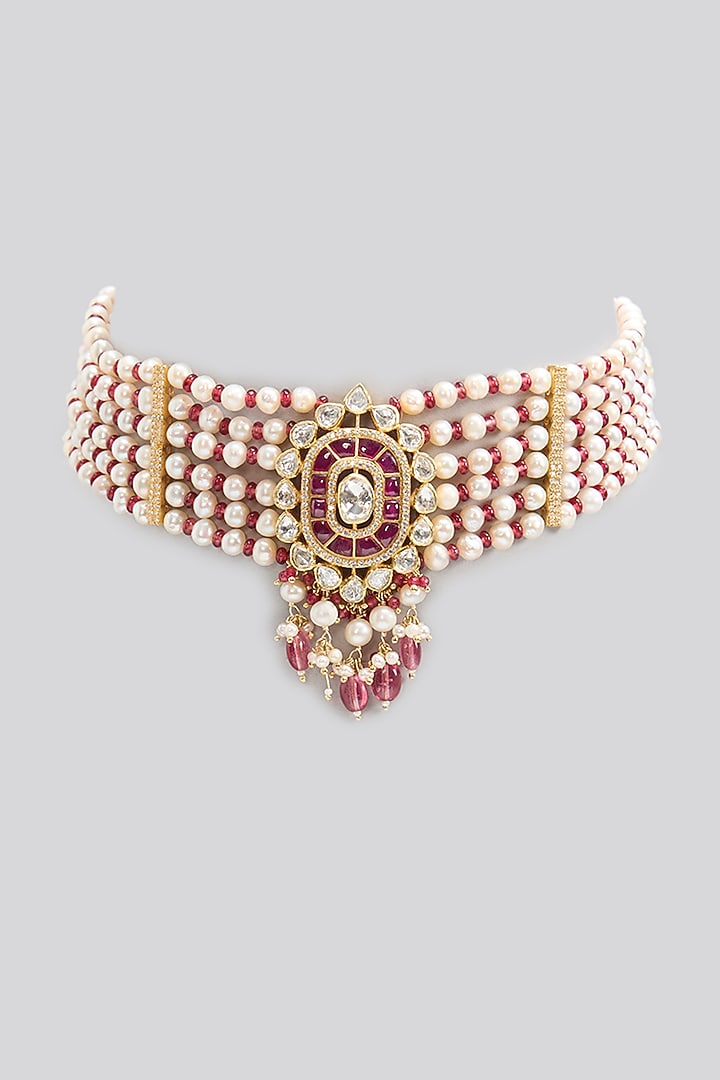 Gold Finish Kundan Polki & Freshwater Pearl Choker Necklace In Sterling Silver by Apoorvajewels at Pernia's Pop Up Shop