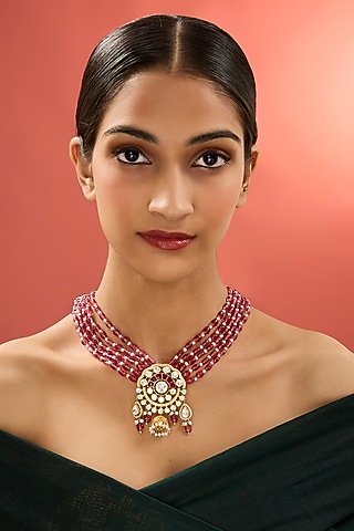 Gold Finish Ruby Stone & Freshwater Pearl Choker Necklace In Sterling Silver by Apoorvajewels